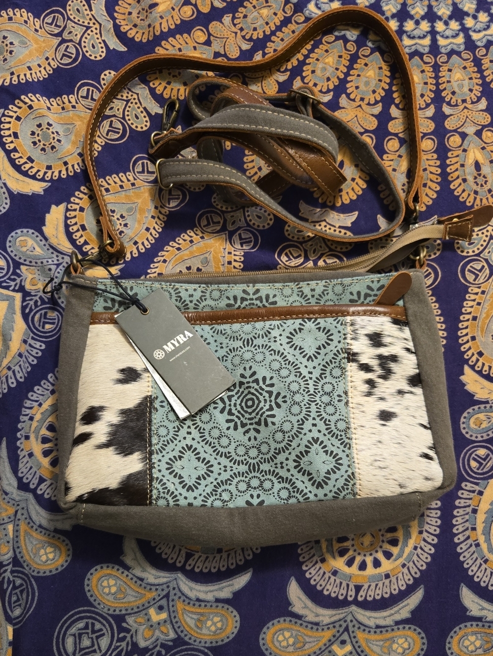 Myra Bag Leather & Hair-On Cowhide Crossbody Bag in Aqua and Brown